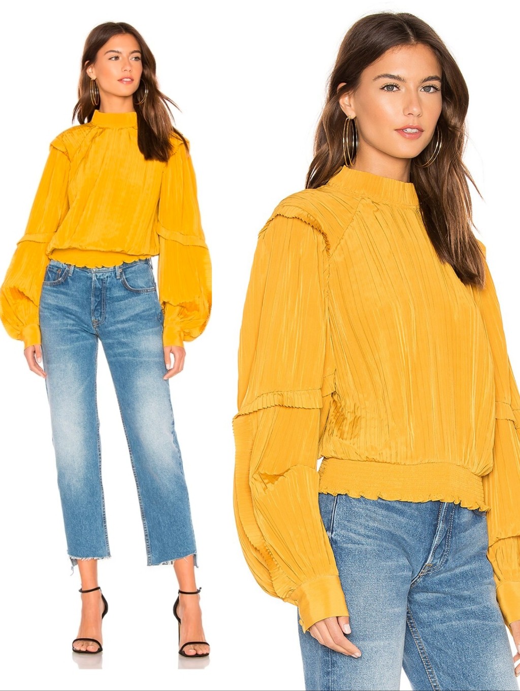 Joie Paityn Dusty Gold Pleated Ruffle Billowy Balloon Sleeve Smocked Blouse S